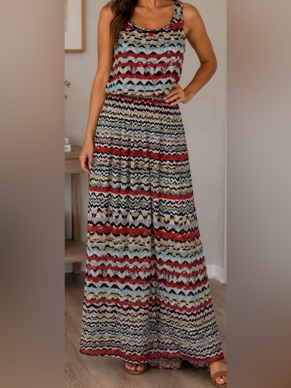Maxi Dress Long Colorful Patterned Vibrant Chevron Missoni Type Pattern Sheer